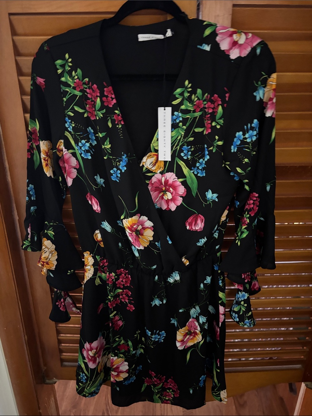 Three Eighty Two Floral Wrap Mini Dress in Black